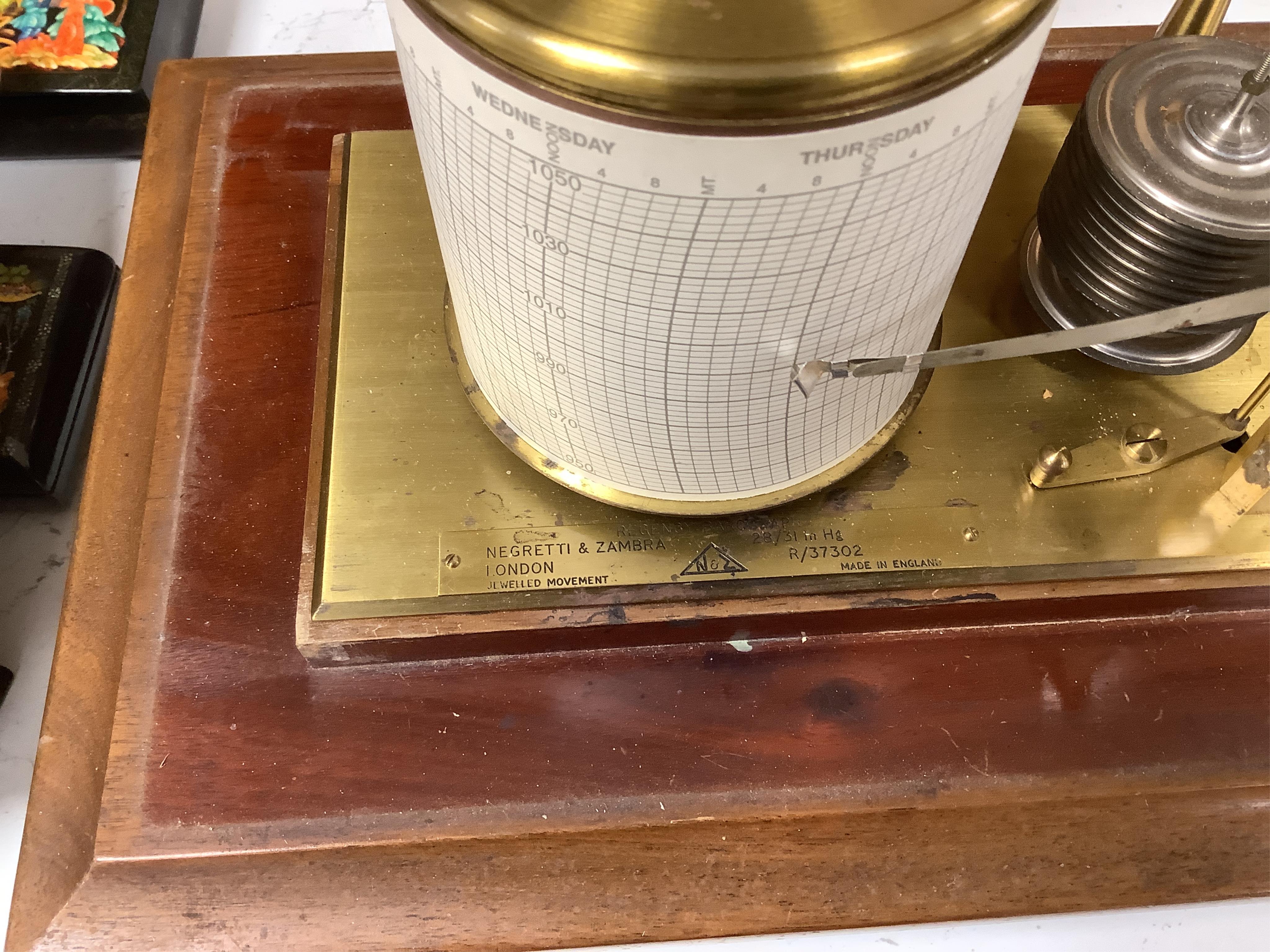 A Negretti & Zambra mahogany cased barograph, 42cm high